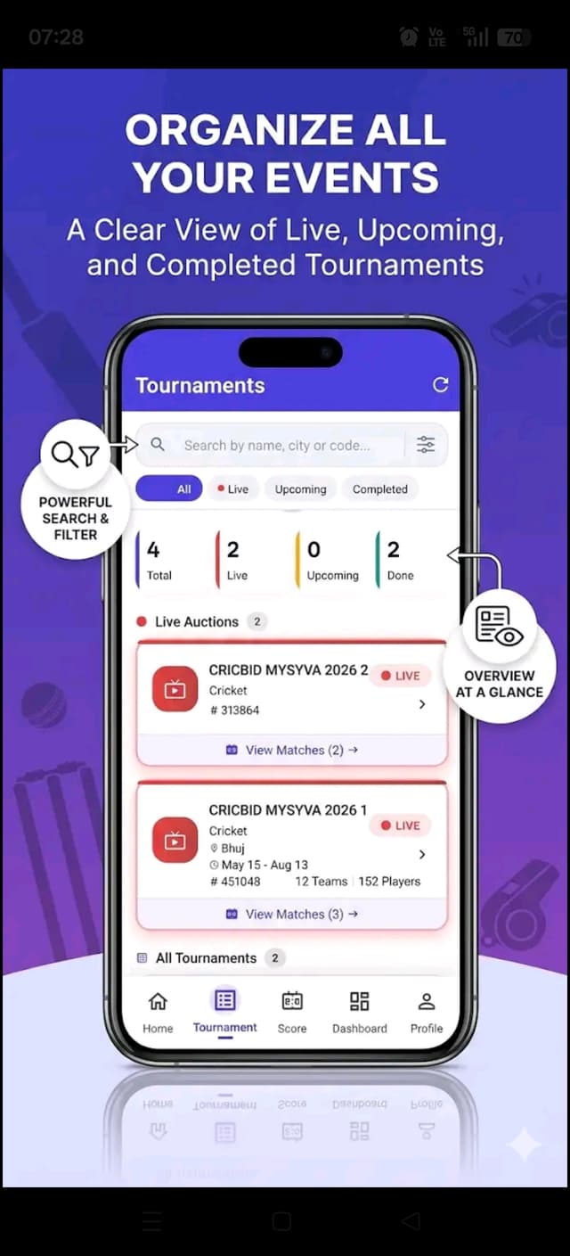 Organize live, upcoming and completed tournaments